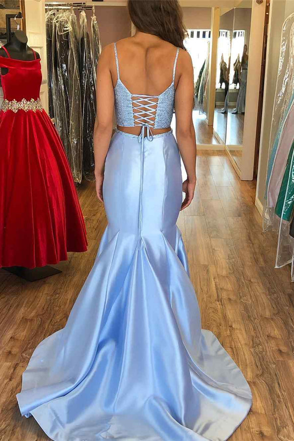 Luolandi Two-Piece Glitter Light Blue Straps Trumpet Long Prom Dress Sexy Evening Dress